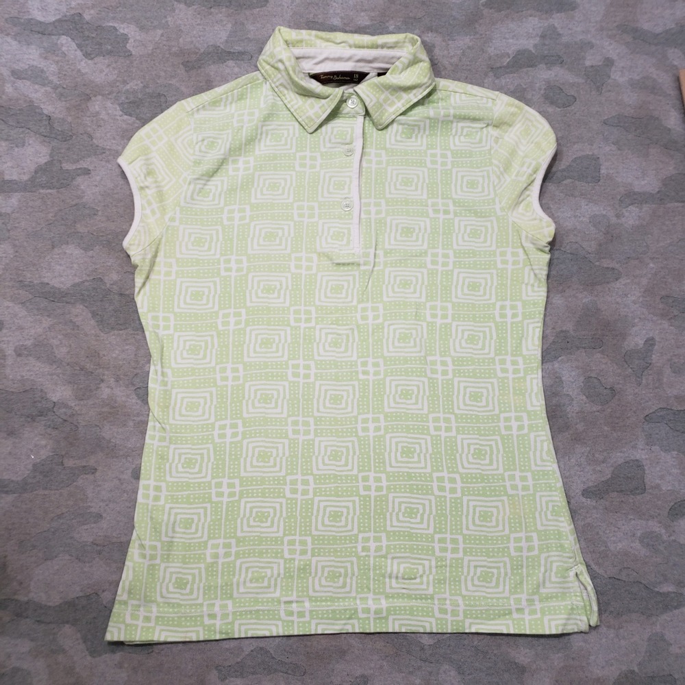 Tommy Bahama Golf Polo Top Womens Small Green Geometric Sleeveless Cap Sleeve